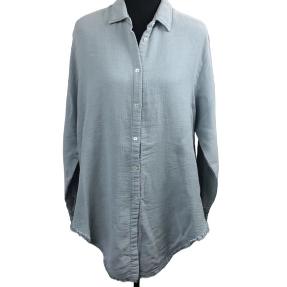 Masscob Blue Textured Cotton Blend Button Down Shirt Raw Hem Sz L - Picture 1 of 15